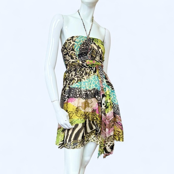 Cocoon Dresses & Skirts - Cocoon Y2K Silk Animal Print Halter Dress Handkerchief Hem Sequin Accents Size 0